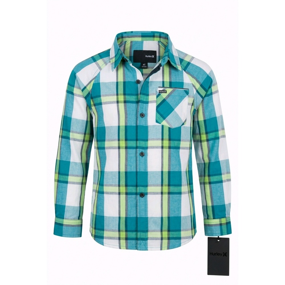 Hurley Kids Teal Green Plaid Long Sleeve Button Down Shirt 4T NWT
